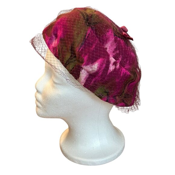Vintage 1960\'s Union Made USA Velvet Cocktail Pillbox Hat Veil Magenta Green main image 8